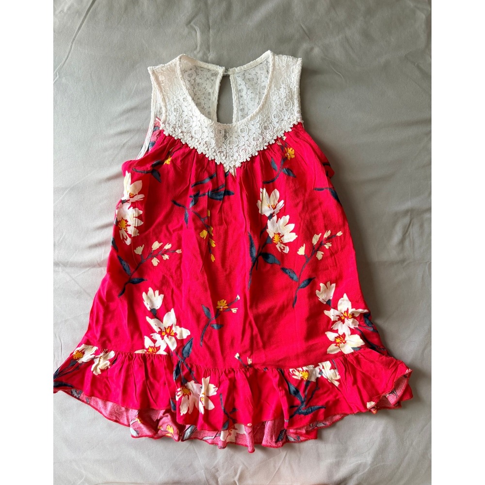 Chenault Girl Red Floral Lace Yoke Sleeveless Ruffle Hem Dress Kids Size 6